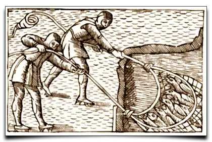łowienie siecią - rycina z XV wieku